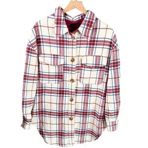Akaiv Brick Red, Blue & Cream Plaid Flannel Oversized Longer Shacket